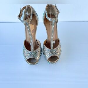 Thalia Sodi Rhinestone Platform Heels Women Size 8M Ankle Strap Open Toe Sparkle